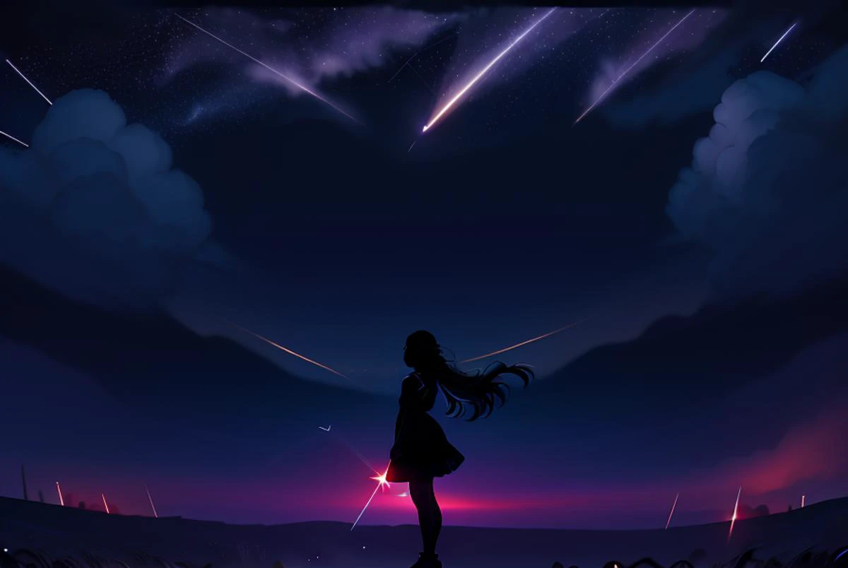 <lora:Aesthetics_Enhancer_SD:0.8>,masterpiece,absurd resolution,8k,
EnhanceImage,low light,  1girl, sky, star (sky), scenery, shooting star, starry sky, solo, long hair, silhouette, outdoors, dress, bird, night, cloud, night sky, standing