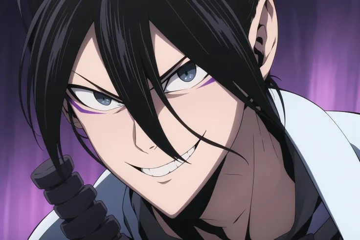 sonic, anime, one punch, solo, aura, detailed background, 1boy, male focus, weapon, anime coloring, black hair, grey eyes, sword, smile, hair between eyes, looking at viewer, best quality, detailed, <lora:Sonic:0.8>