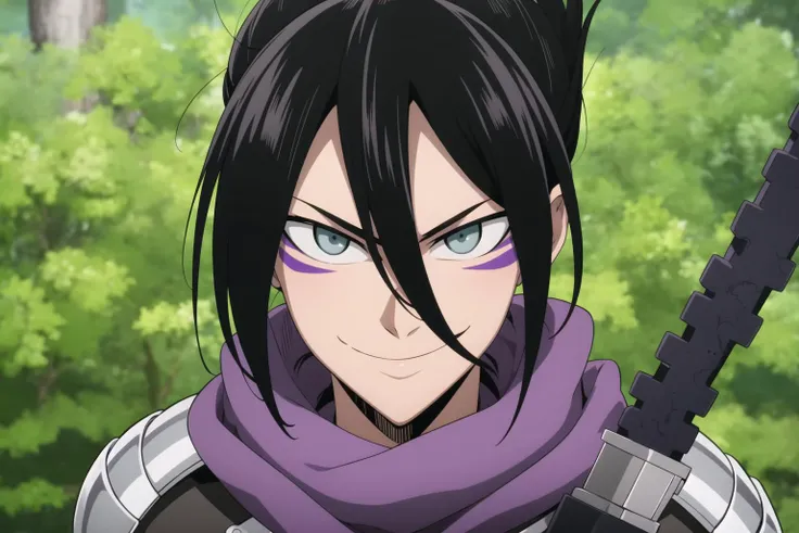 sonic, anime, one punch, solo, in air, detailed background, 1boy, upper body, male focus, weapon, anime coloring, black hair, grey eyes, sword, smile, hair between eyes, looking at viewer, best quality, detailed, <lora:Sonic:0.8>