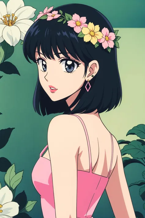 <lora:pineapple:0.7>,inzaniak,absurdres,wallpaper,official_art,grey eyes,flower,pink flower,mian lang,earrings,head wreath,colorful,jewelry,flower earrings,patterned clothing,knot,short bangs,pink lips,dress,looking back