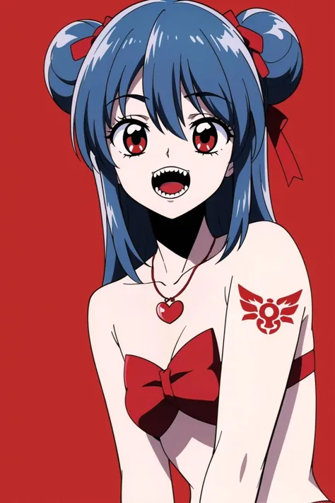 <lora:pineapple:0.7>,inzaniak,absurdres,wallpaper,official_art,sharp teeth,necklace,fangs,chest tattoo,highres,red background,hair bun,red ribbon,blood,bow,red bow,light blue hair,pale skin,ka9 qq,creepy eyes
