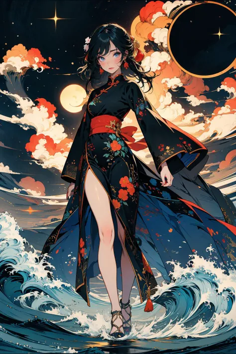 (masterpiece:1.4), (intricate:1.2), (detailed:1.2), (ornate:1.2), (vibrant colors:1.2), BREAK,
(chinese ink painting:1.1), (ink wash painting:1.1), BREAK,
(full body:1.2), (solo:1.2), (1girl:1.0), (embarrassed:1.1), (blushing face:1.1), (blue eyes:1.0), (chinese traditional dress:1.0), <lora:Chinese_ink painting_20230725220724-000018:0.8> BREAK,
(starry night:1.1), (port:1.0), (lakeside:1.0)