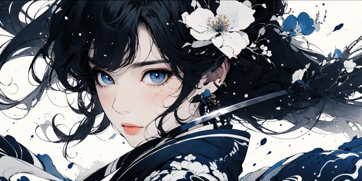 (masterpiece:1.2), best quality,PIXIV, Chinese ink painting,ink wash painting,
weapon, solo, 1girl, sword, black hair, looking at viewer, blue flower, eyelashes, blue eyes, flower, bangs, portrait, covered face, katana, close-up, floating hair, white background, hair between eyes, petals, hair flower, simple background, black gloves, light particles, gloves
<lora:Chinese ink painting_20230725110925-000018:0.9>