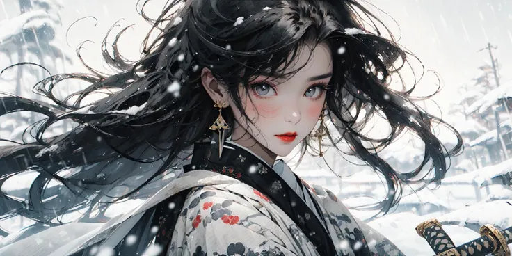 (masterpiece:1.2), best quality,PIXIV,Chinese ink painting,ink wash painting,
1girl, solo, black hair, long hair, weapon, sword, looking at viewer, jewelry, earrings, upper body, katana, wind, red lips, closed mouth, floating hair, brown eyes, rain, outdoors, snowing, snow, blush, sheath, grey eyes
<lora:Chinese ink painting_20230725220724:0.9>