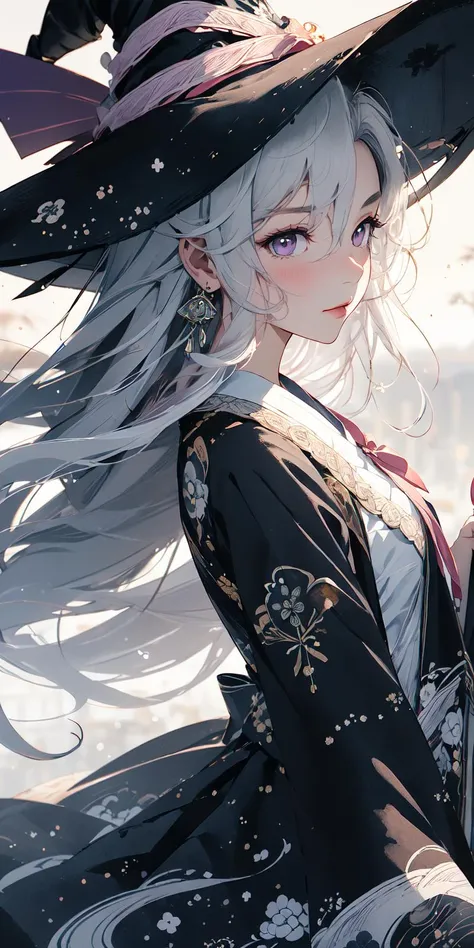 (masterpiece:1.2), best quality,PIXIV,Chinese ink painting,ink wash painting,Elaina,
1girl, long hair, solo,white hair,purple eyes,witch,witch hat, 
 <lora:Chinese ink painting_20230725220724-000018:0.8>
