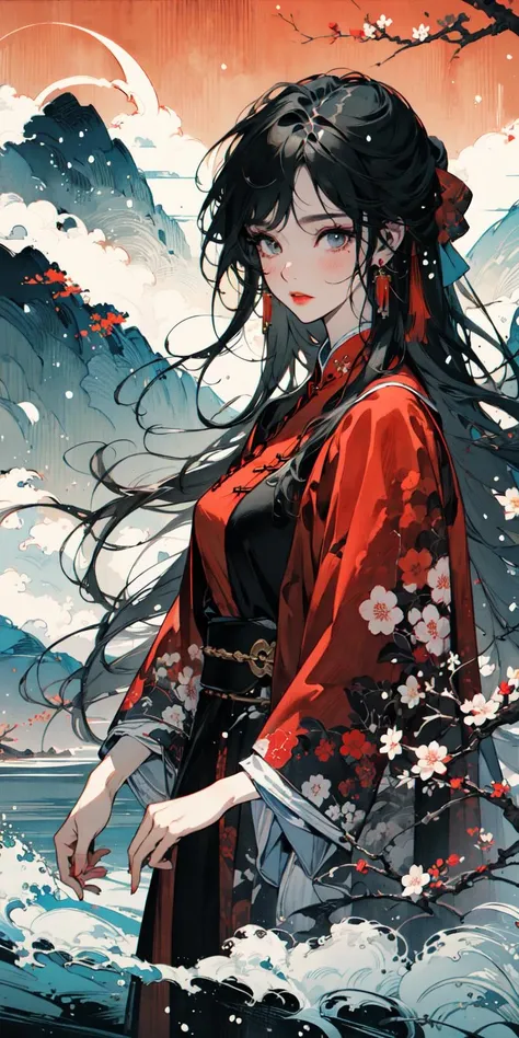 (masterpiece:1.2), best quality,PIXIV,Chinese ink painting,ink wash painting,(cowboy shot:1.2), 
1girl, long hair, jewelry, solo, earrings,black hair,red cloth,
mountain, Mountain paths, stone statues, stone paths, snow, plum blossoms
 <lora:Chinese ink painting_20230725220724-000018:0.8>