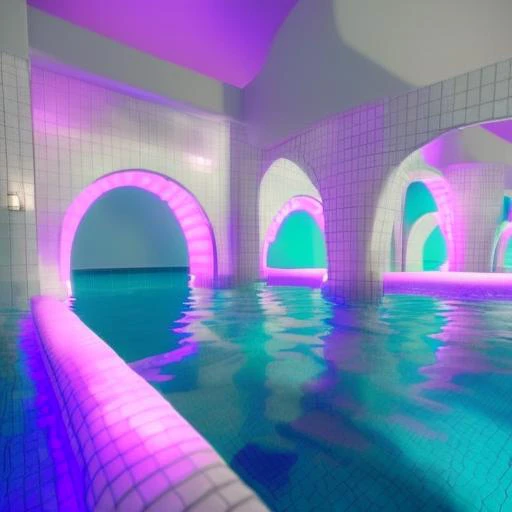 ((scrpoolrooms) arches lit with purple and green neon lights, white walls, reflection, rtx, octane render,( innertube, swim ring)