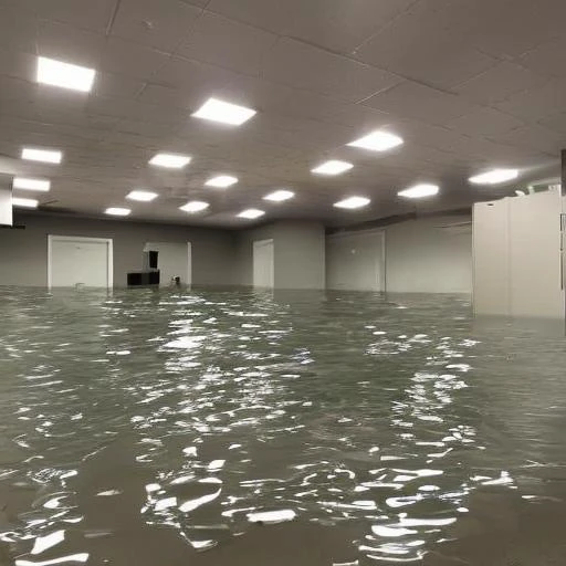 water flooding a tile room, locker room, dark lighting, lights, three walls