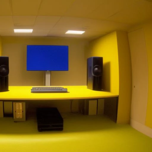 (gaming pc workstation setup) inside of ((scrbackrooms)),(wide shot), old yellow scratched wallpapers, scary
