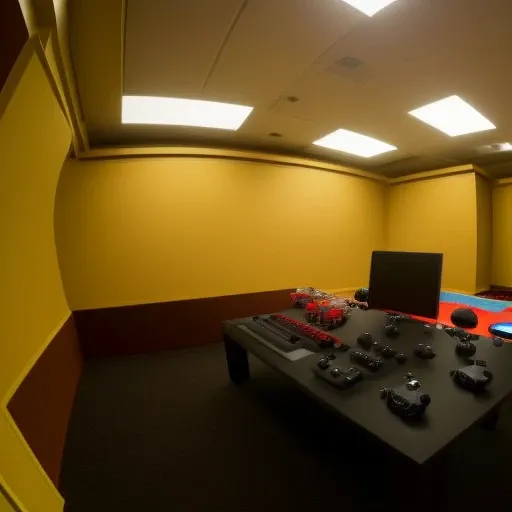 (gaming pc setup) inside of ((scrbackrooms)),( fisheye lens, wide shot)