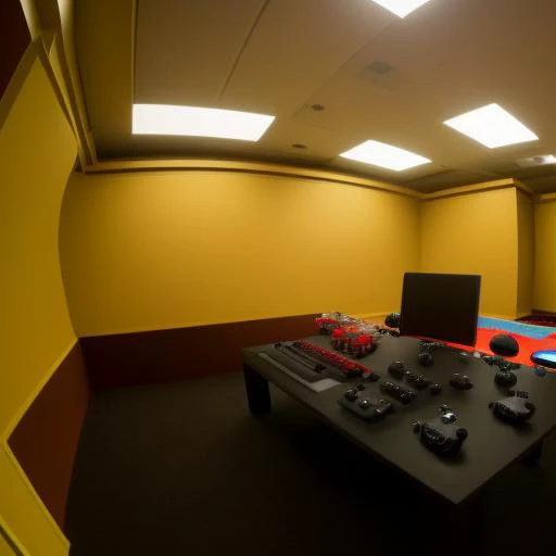 (gaming pc setup) inside of ((scrbackrooms)),( fisheye lens, wide shot)