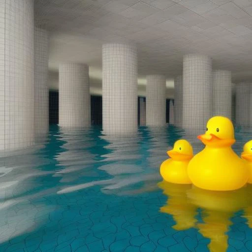 ((scrpoolrooms) filled with small rubber ducks), white walls