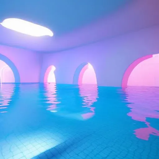 ((scrpoolrooms) arches lit with blue and pink neon lights, white walls, reflection, rtx, octane render