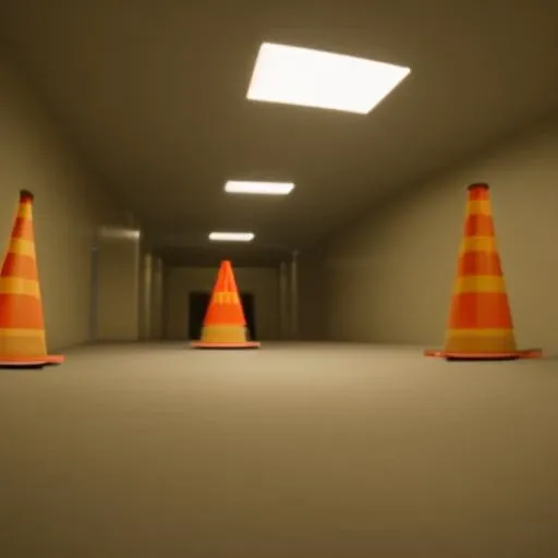 (scrbackrooms) with (one small (road traffic cone) on the floor)