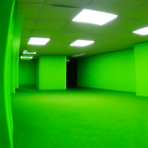 ((scrbackrooms)), green wall, scary, ((infinite corridor)), lime green neon light, (VHS)