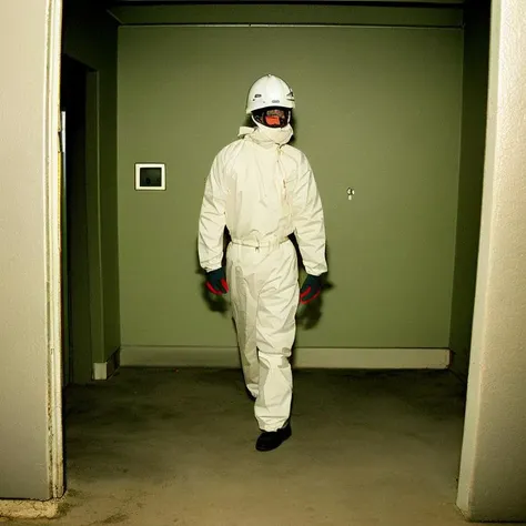 scrbackrooms ((hazmat suit)) walking in the backrooms creepypasta hallway, stairwell, vending machine, office building, water, wet carpet, puddle,