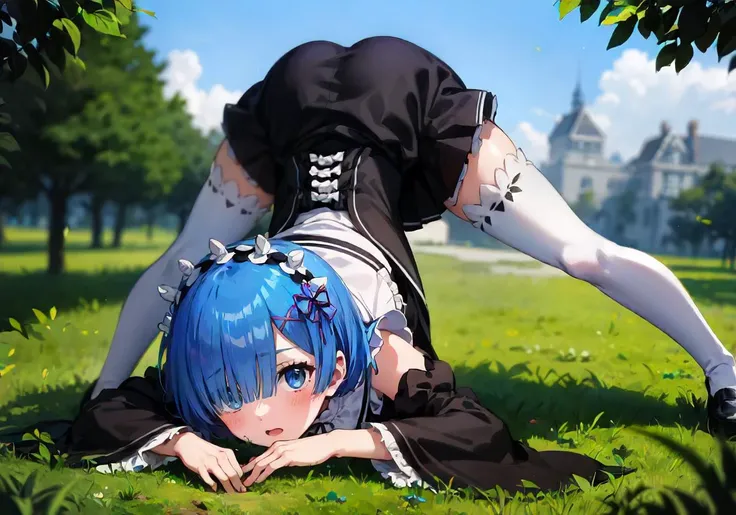 NSFW, blue hair, rem \(re:zero\), [smile], blush, castle,, masterpiece, best quality, perfect lighting, 1girl, skirt, medium breasts,