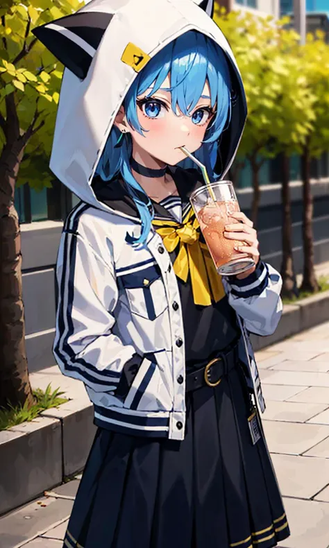 1girl, solo, park, tree, cobblestone road, cowboy shot, drinking straw, sipping, SuiseiSchool, long hair, black serafuku, black shirt, black choker, yellow bowtie, grey belt, black skirt, white jacket, hood up, cat hood, open jacket <lora:hoshimachi suisei 8 outfits:1>