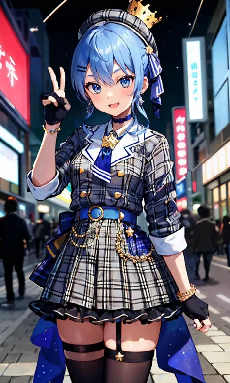 1girl, solo, tokyo city, sidewalk, city lights, shops, cowboy shot, smile, v, peace sign, SuiseiBase, plaid beret, crown, blue star choker, star earrings, blue ascot, plaid jacket, plaid skirt, layered skirt, partially fingerless gloves, star bracelet, uneven legwear, thigh strap <lora:hoshimachi suisei 8 outfits:1>