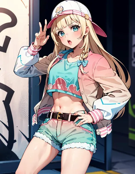 1girl, solo, (alley, graffiti), :o, (jojo pose:1.4), IrohaCasual, long hair, blunt bangs, baseball cap,  backwards hat, pink jacket, crop top, belt, gradient shorts<lora:kazama_iroha_3_outfits:1>