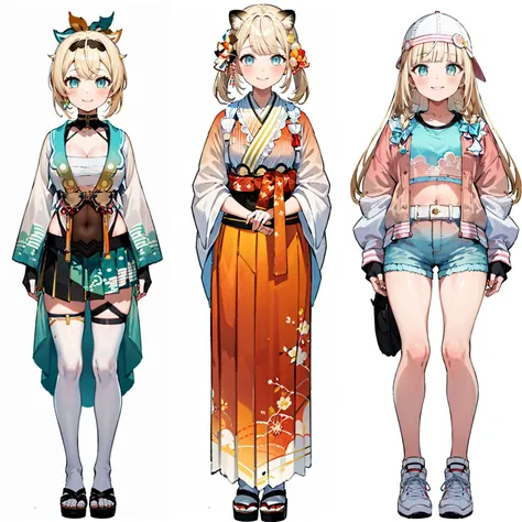 1girl, solo, (white background:1.4), simple background, standing, full body, smile, IrohaBase, hair ornament, hairband, sarashi, haori, covered navel, black gloves, pleated skirt, green skirt, white thighhighs, cleavage<lora:kazama_iroha_3_outfits:1>