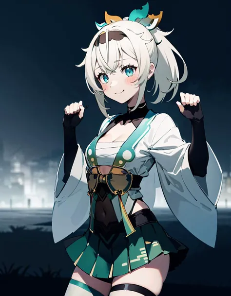1girl, solo, (training inside a dojo), cowboy shot, smile, IrohaBase, hair ornament, hairband, sarashi, haori, covered navel, black gloves, pleated skirt, green skirt, white thighhighs, cleavage <lora:kazama_iroha_3_outfits:1> <lora:Gloomifier:3>