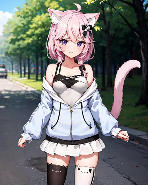 1girl, solo, cowboy shot, park, tree, (cobblestone) road, NyannersBase, cat ears, hoodie, long sleeves, camisole, cat print, white skirt, cat ear legwear, asymmetrical legwear, cat tail, :\3 <lora:nyanners:1>