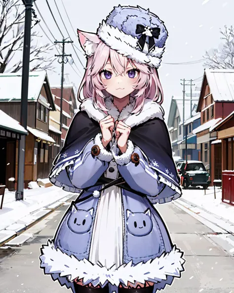 1girl, solo, cowboy shot, snowy town, cold, stalagmite, NyannersWinter, cat ears, fur hat, winter clothes, fur-trimmed dress, fur-trimmed capelet, cat ear legwear, asymmetrical legwear, :\3 <lora:nyanners:1>