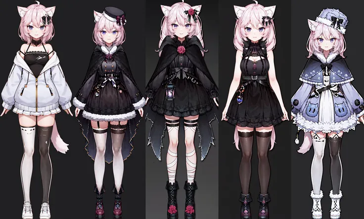 1girl, solo, black background, simple background, standing, full body, smile, NyannersBase, cat ears, hoodie, long sleeves, camisole, cat print, white skirt, cat ear legwear, asymmetrical legwear, cat tail<lora:nyanners:1>