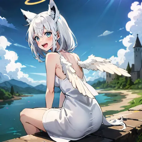 castle, tower, wizard tower, fantasy, floating island, clouds, lake, laputa, cliff, aura BREAK 1girl, solo, cowboy shot, , looking back, sitting, fubukidefault, armored dress, white dress, (golden emblem, angel wings, feathered wings, halo, gold trim), white hair, single side braid, fox tail, :D<lora:shirakami_fubuki_9_outfits:1> <lora:back_wings:1>