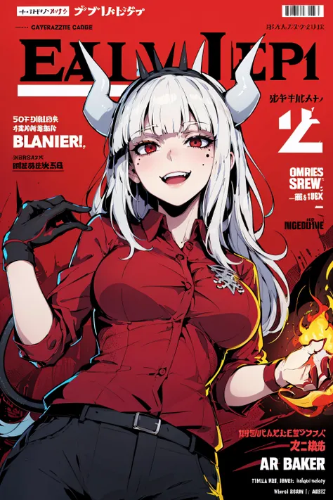 beautiful, (masterpiece), best quality, (extremely detailed face), extremely detailed eyes,  perfect lighting, OverallDetail, detailed, deep skin,textured skin,
lucifer, horns, demon girl, demon horns, mole, mole under eye, white horns, tail, demon tail, long hair, large breasts, blunt bangs,<lora:lucifer:0.8>, red shirt, shirt, collared shirt, gloves, formal, suit, pants 
,evil smile, ,evil eyes, evil laughing, 
, <lora:defaultz_style_v2:0.8>,defaultz style, magazine cover,red theme, fire, magic fire,
flames from below,