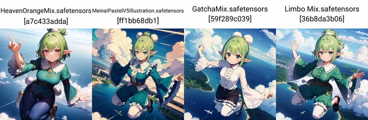 1girl, solo, from above, plane, day, clouds, jumping, green hair, very short hair, topknot, two-tone eyes, elf, pointy ears, medium breasts, (wide sleeves, frilled shirt, pom-pom pants), :\3
