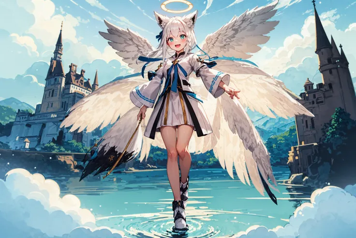 castle, tower, wizard tower, fantasy, floating island, clouds, lake, laputa, cliff, aura BREAK 1girl, solo, full body, fubukidefault, armored dress, white dress, (golden emblem, angel wings, feathered wings, halo, gold trim), white hair, single side braid, fox tail, :D<lora:shirakami_fubuki_8_outfits:1>