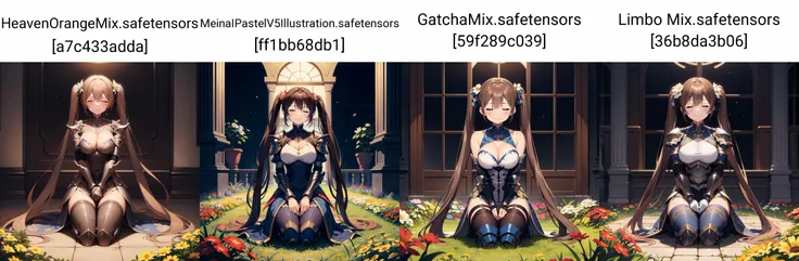 1girl, solo, full body, flower field, flowers, indoors, dark, kneeling, holding instrument, brown hair, very long hair, twintails, indigo eyes, tall, armor, large breasts, (closed eyes:1.2), smile