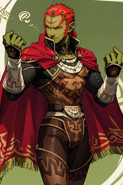 <lora:OoT_Ganondorf_Zelda_Anime:0.8> OoT_Ganondorf_Zelda, solo, (green skin), cape