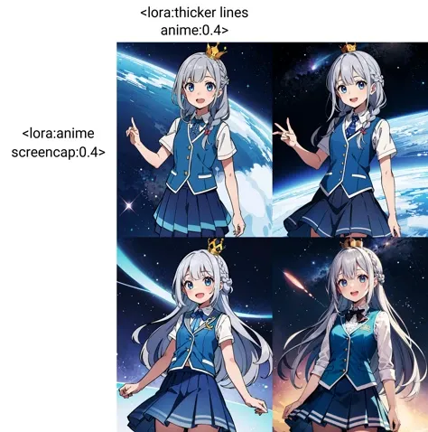 1girl, solo, panorama, space, gray hair, long hair, crown braid, french braid, gradient eyes, shortstack, (blue vest, layered skirt), :D <lora:thicker lines anime:0.4> <lora:anime screencap:0.4>