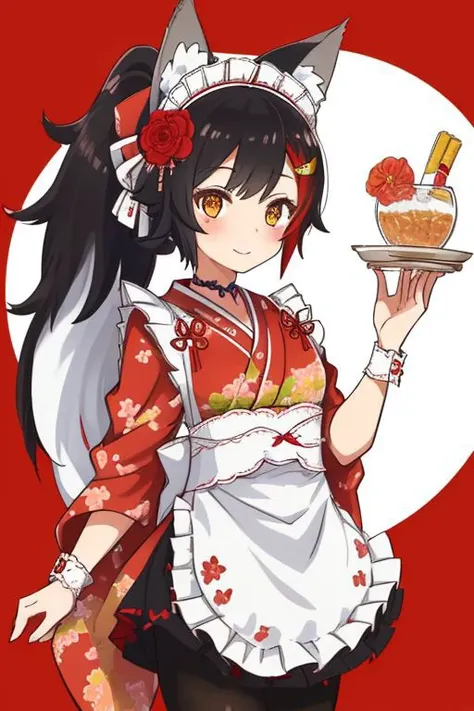 mionewyears, ponytail, hair ornament, red kimono, flower print, white apron, frills, wrist cuffs, maid headdress, black pantyhose, cleavage, wolf tail