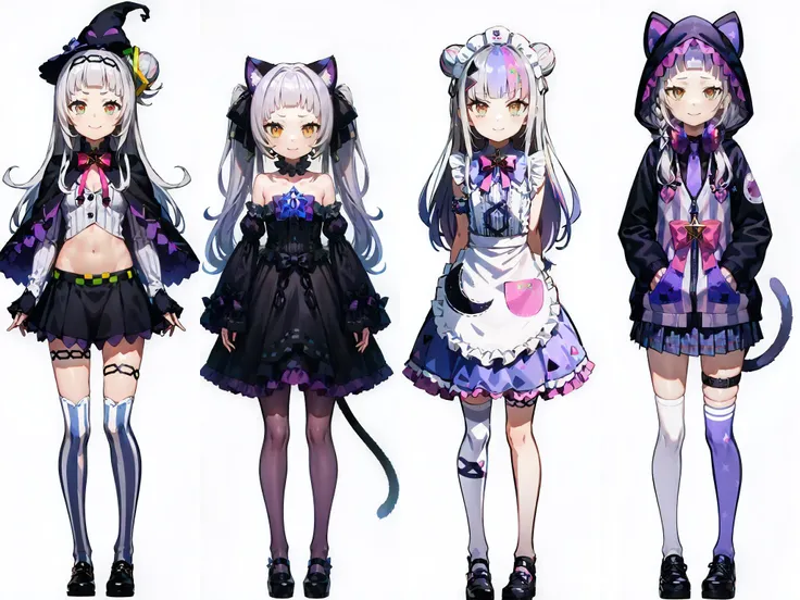 1girl, solo, (white background:1.4), simple background, standing, full body, smile, aashion, 1girl, long hair, (single hair bun:1.1), short eyebrows, small breasts, hairband, witch hat, pink bowtie, black capelet, pinstripe shirt, long sleeves, midriff, black skirt, miniskirt, striped thighhighs <lora:murasaki_shion_4_outfits:1>