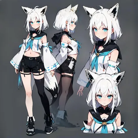 CharacterSheet, multiple views, full body, upper body, reference sheet, simple background, fubuki, white hair, single side braid, (fox tail:1.2), fubukidefault, white blouse, [midriff::15], detached sleeves, black short shorts, blue neckerchief, thigh strap, single thighhigh <lora:shirakami_fubuki_9_outfits:1> <lora:CharacterDesignSheet:0.5>