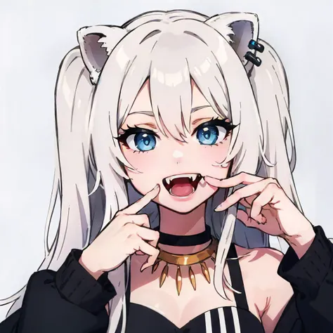 fiday, pov hands, finger in another's mouth, fangs, 1girl, upper body, Botan, long hair<lora:shishiro_botan_4_outfits:1> <lora:fang_inspection_day:0.8>