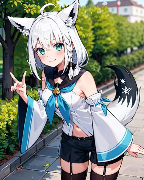 1girl, solo, park, tree, cobblestone road, cowboy shot, (double fox shadow puppet), [leaning forward], fubukidefault, white blouse, [midriff::0.3], detached sleeves, black short shorts, blue neckerchief, thigh strap, single thighhigh, fox tail, single side braid, ahoge, white hair, smile <lora:shirakami_fubuki_8_outfits:1>