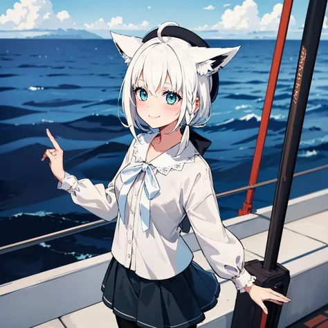 1girl, solo, on a ship, (middle of the ocean:1.4), smile, fubukicasual, white hair, single side braid, ahoge, fox tail, (white shirt, white bow), beret, black skirt, (black pantyhose) <lora:shirakami_fubuki_8_outfits:1>