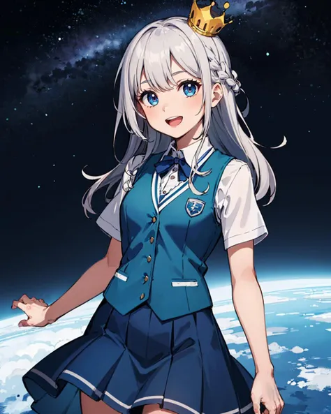 1girl, solo, panorama, space, gray hair, long hair, crown braid, french braid, gradient eyes, shortstack, (blue vest, layered skirt), :D