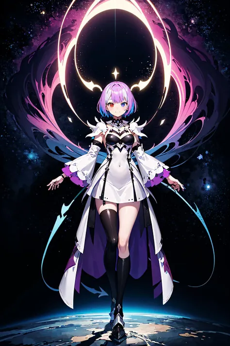 (split, heaven and hell:1.4), cavern, clouds, (multicolored background, multicolored lights, magic, black hole), 1girl, solo, standing, full body, armored dress, white dress, purple hair, smug, short hair