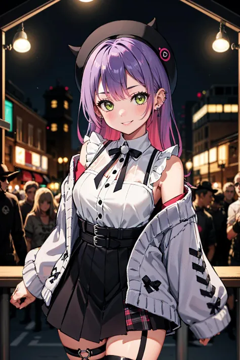 1girl, solo, (rave, crowd, colorful lights), cowboy shot, smile, towacasual, jirai kei, frilled shirt, high-waist skirt, off shoulder, grey cardigan, beret, fake horns, thigh strap, ear piercing<lora:tokoyami_towa_5_outfits:1>