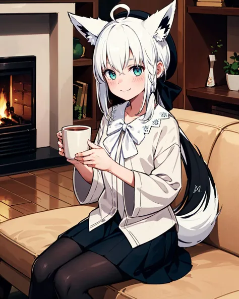 1girl, solo, indoors, living room, couch, table, fireplace, (comfy, cozy), sitting, (holding cup with both hands), fubukicasual, (white shirt, white bow), beret, black skirt, (black pantyhose), white hair, single side braid, ahoge, fox tail, smile <lora:shirakami_fubuki_8_outfits:1>