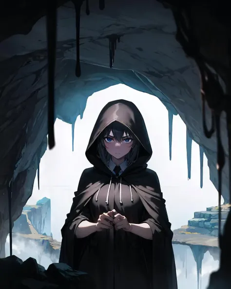 masterpiece, best quality, 1girl, cave, mysterious, dimly lit, stalactites, rugged terrain, ethereal glow, ancient symbols, hooded cloak, determined expression