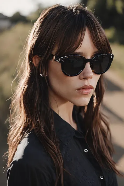 portrait photo of jenort <lora:JennaOrtegaDogu2.1:0.9> wearing (black sunglasses:1.3), outdoors, nature, soft sunlight, sharp focus, natural lighting, subsurface scattering, f2, 35mm, film grain,