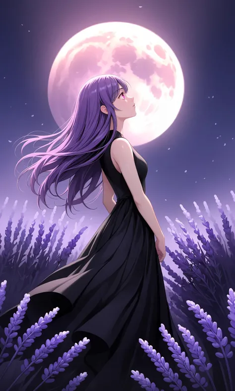 Purple hair girl, long hair, pink eyes, surrounded by lavender, wearing a black dress, looking at the moon, looking away