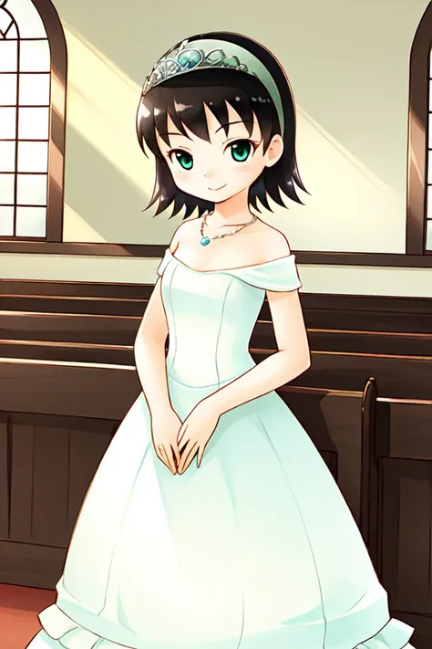 1 girl, indoors, church, standing, smile,
 <lora:Harvest_Moon_Hero_of_Leaf_Valley_-_Dia:0.6> holvdia, black hair, short hair, green hairband, green eyes,
tiara, necklace, wedding dress, bare shoulders, sleeveless dress,